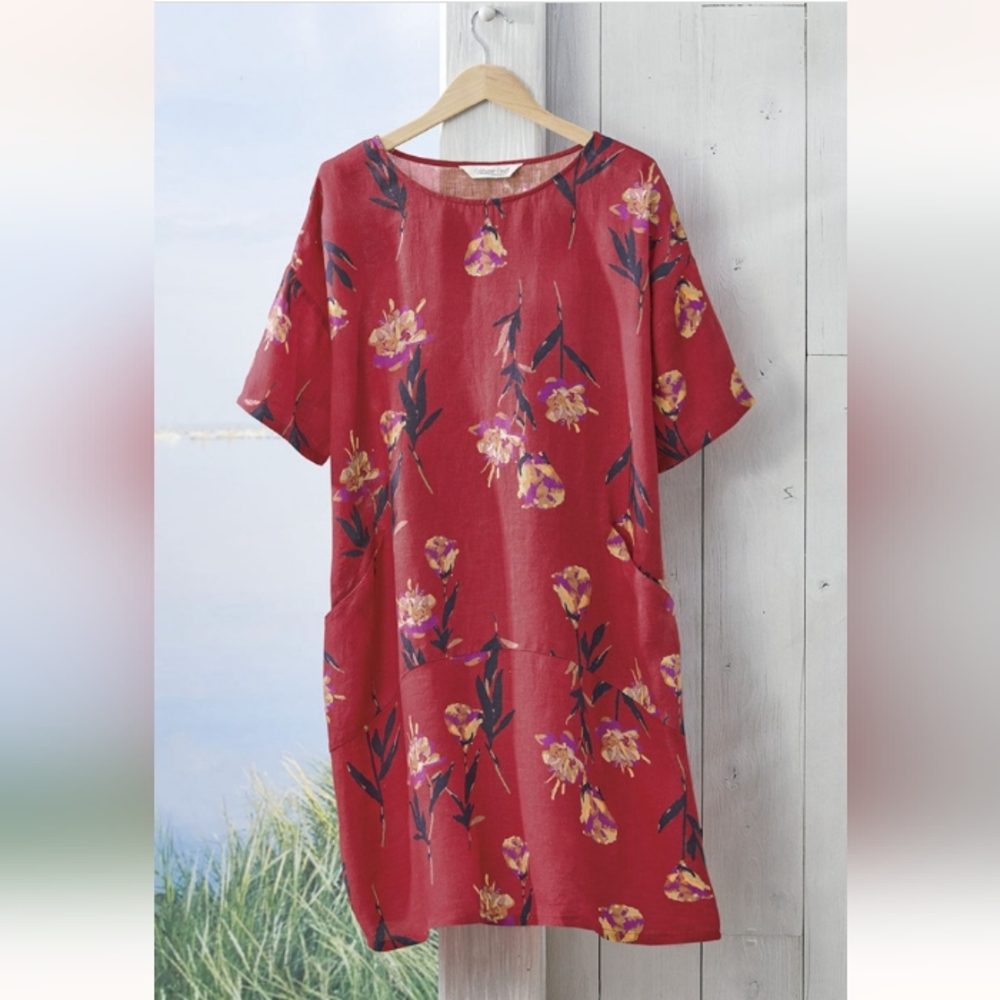 100% Linen Size PM(P10-P12) Floral Shift Dress by Coldwater Creek